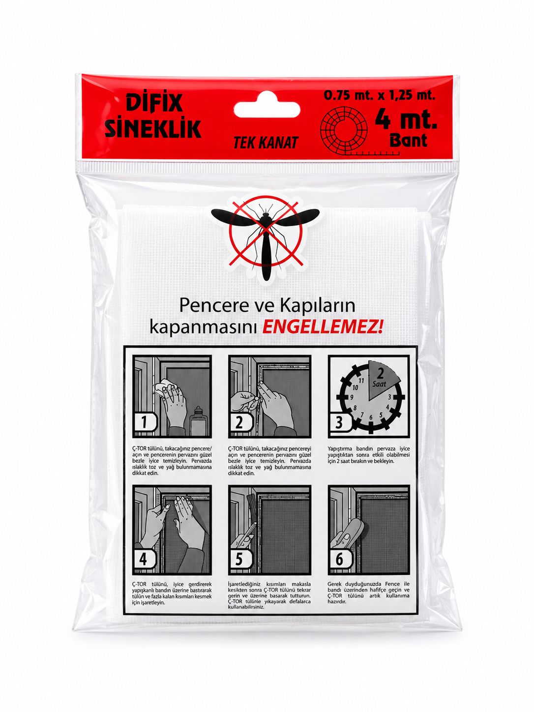 Difix Tek Kanat Pencere Sinekliği 75 x 125 cm Yapışkan Bantlı Beyaz Sineklik